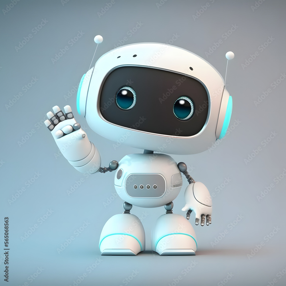 Friendly AI Chatbot Robot character waving, simple 3D blue background ...