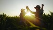 © maxximmm - handshake farmer corn. business a partnership agriculture concept. silhouette two farmers shaking hands conclude contract agreement in field of corn glare sun. agriculture business handshake concept