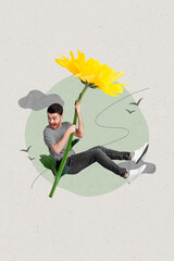 Sticker - Collage photo of young active crazy overjoyed flying air heaven student guy hold big yellow flower for girlfriend isolated on grey background