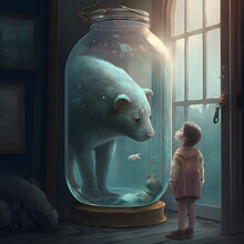 Child In The Window Looking At Polar Bear In A Jar Created Using AI Generative Technology