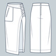 Asymmetric Denim Skirt technical fashion illustration. Midi Skirt fashion flat technical drawing template, zip up, lace-up, pocket, front slit, front and back view, white, women CAD mockup.