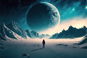 Desert landscape of cold planet, mountain landscape, snow. Fantasy cold landscape. AI