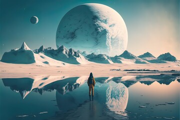 Desert landscape of cold planet, mountain landscape, snow. Fantasy cold landscape. AI