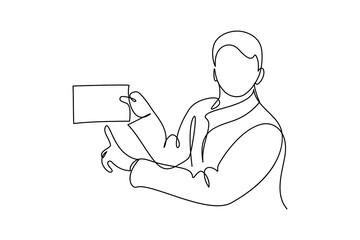 Wall Mural - Man pointing at blank paper sheet. Continuous line art drawing style. Person holding document at one hand and pointing on it with another. Black linear sketch isolated on white background