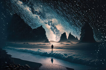 Surreal Ocean Walk: Person Against Starry Galaxy Background Collage, Generative AI