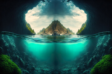 Wall Mural - Seascape, gorge flooded with water. Sea wave. Underwater cave at the bottom of the ocean. AI