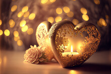 Romantic Luxury Gold Valentines Heart Shaped Candles And Bouquet Of Flowers, Bokeh Lights Background