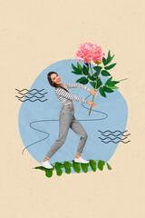 Wall Mural - Vertical creative collage image of young woman walking hold flower stem plant bloom blossom 8 march present spring summer fantasy billboard