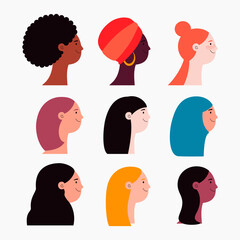 Wall Mural - Beautiful diverse women, girls faces in profile collection, isolated on white. Flat style vector illustration. Female cartoon characters. Design element for 8 March, Womens Day card, banner, poster.