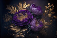 Purple Fantasy Peonies With Gold And Magic Elements. Luxurious Purple Flowers. AI