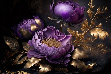 Wall Mural - Purple fantasy peonies with gold and magic elements. Luxurious purple flowers. AI