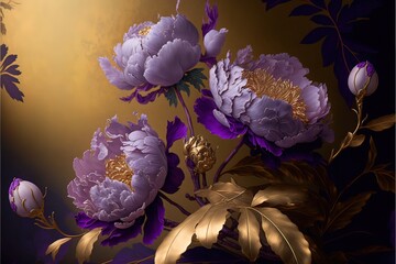 Wall Mural - Purple fantasy peonies with gold and magic elements. Luxurious purple flowers. AI