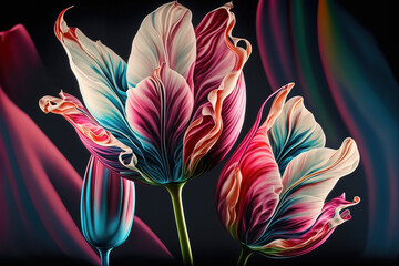 Abstract spring tulips. Luxurious fluid fluid art flowers. AI