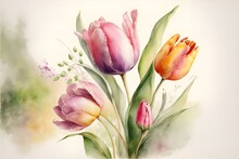 Spring Tulips In Watercolor Style. Luxurious Background For Postcards, Delicate Flowers. AI