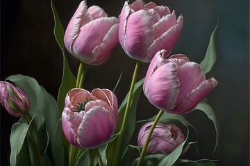 Wall Mural - Delicate pink tulips in a flower bed in the garden. AI