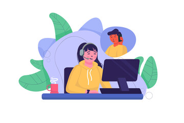 Poster - Support concept with people scene in the flat cartoon design. Support center worker gives advice to a man about his problems.