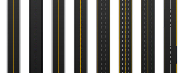 Seamless traffic road marking set. Vertical straight asphalt roads. Collection of highway or city road sign. Top view. Template design for infographic. Vector illustration