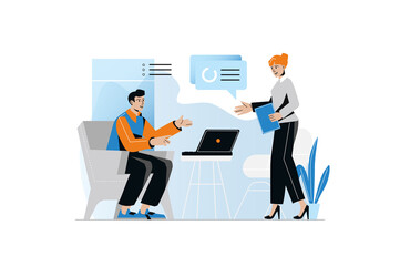 Aufkleber - Concept Digital business with people scene in the flat cartoon design. Manager and his assistant transfer all business data to tables in the computer.