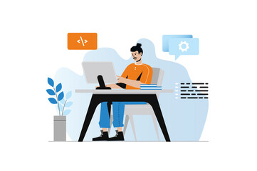 Aufkleber - Software developer concept with people scene in the flat cartoon design. Man develops an algorithm to install software for client.