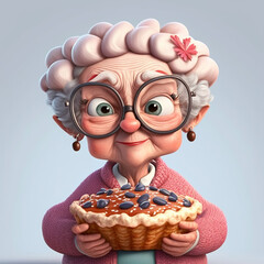 old lady grandmother sweet cheerful with a smile treats an appetizing pie cartoon