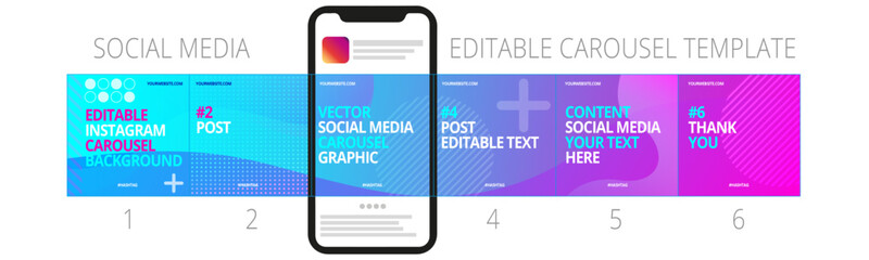 Carousel template post on social media with cellphone / mobile phone. Editable mockup
