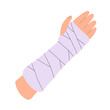 Broken arm. Gypsum bandage. Medical care, treatment and rehabilitation. Help with trauma. Flat vector illustration isolated on white background
