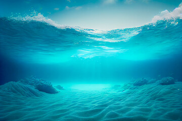 Wall Mural - blue ocean surface seen from underwater. underwater background bottom and waves. 3d illustration. ge