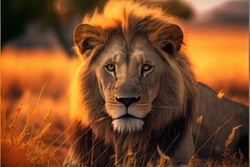 Wall Mural - closeup portrait of a lion watching into the camera. generative ai