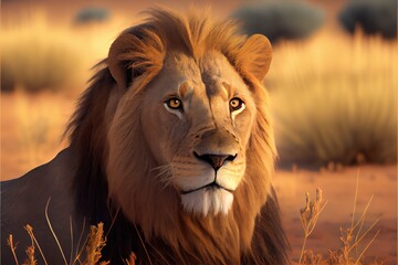 Wall Mural - closeup portrait of a lion watching into the camera. generative ai