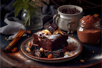 Wall Mural - Brownie chocolate cake with nuts on the plate with cocoa and vanilla powder. Generative AI