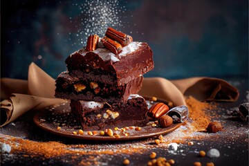 Wall Mural - Brownie chocolate cake with nuts on the plate with cocoa and vanilla powder. Generative AI