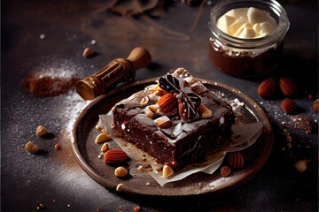 Wall Mural - Brownie chocolate cake with nuts on the plate with cocoa and vanilla powder. Generative AI