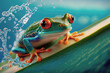 AI generative illustration of a funny frog surfing