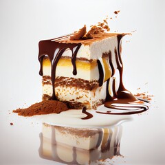 Wall Mural - Chocolate cake Tiramisu with liquid chocolate and cacao. Generative AI