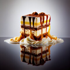 Wall Mural - Chocolate cake Tiramisu with liquid chocolate and cacao. Generative AI