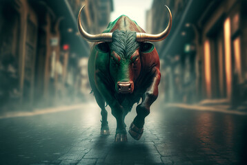 bull market, a green bull powerfully runs through a narrow street, high concentration as a strong will in the eyes of the bull, concept of business and stock market. Generative AI