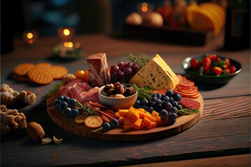 Wall Mural - Still life with grapes, citrus, ornages, bread, and cheese. Generative AI