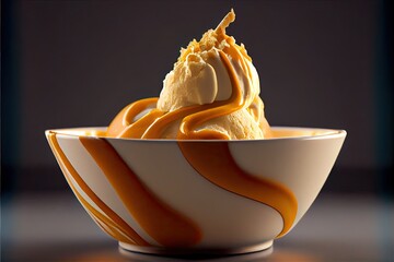 Wall Mural - Bowl of vanilla ice cream with caramel topping. Generative AI