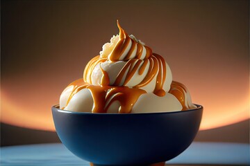 Wall Mural - Bowl of vanilla ice cream with caramel topping. Generative AI