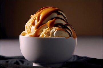 Wall Mural - Bowl of vanilla ice cream with caramel topping. Generative AI