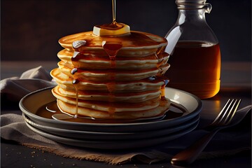 Wall Mural - Stack of pancakes with butter and maple syrup. Generative AI