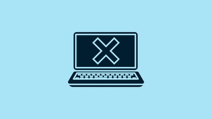Poster - Blue Laptop and cross mark on screen icon isolated on blue background. Error window, exit button, cancel, 404 error page not found concept. 4K Video motion graphic animation