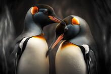 King Penguin On The Rocks, Penguin Couple In Love, Shy Birds. Generative Ai 2