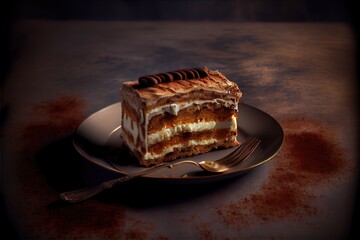 Wall Mural - chocolate tiramisu cake on a plate on the table. Generative AI