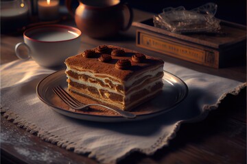 Wall Mural - chocolate tiramisu cake on the table. Generative AI