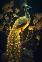 The Haughty And Beautiful Transparent Luminous Yellow Peacock. Generative Ai