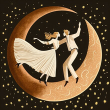 A Dreamy Illustration Of A Couple Dancing Under A Full Moon And Stars