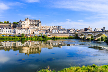 Amboise, France. The walled town and Chateau of Amboise reflected in the River Loire.