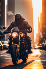 Biker riding a cafe racer motorbike futuristic style.  Generative ai