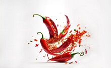 Sliced Falling Bursting Red Hot Chili Peppers Isolated On White Background. With Clipping Path, Focus Stacking